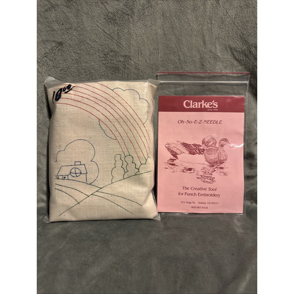 Vintage 80s Oh So Easy Clarke's Osewez Punch Embroidery Kit Rainbow & House